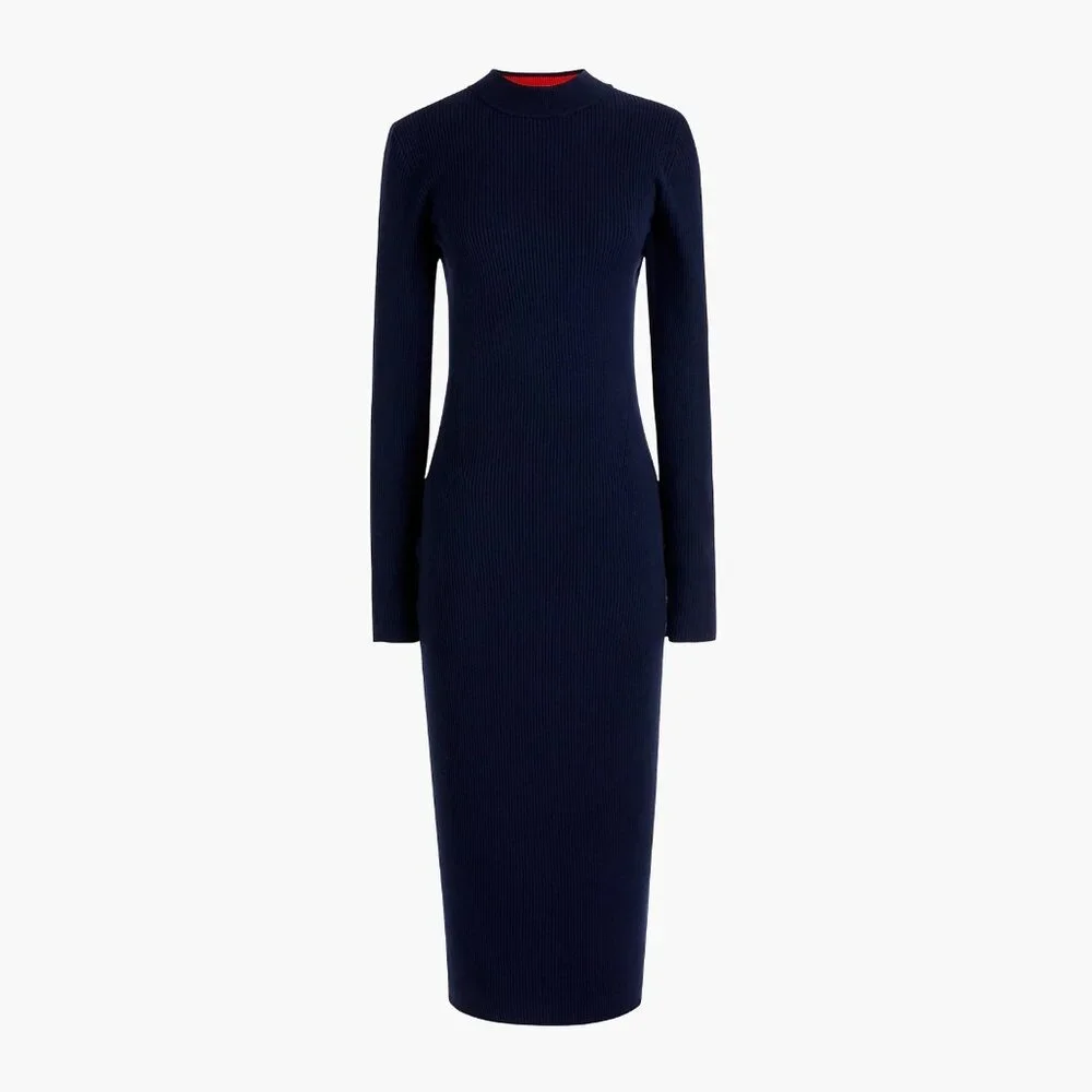 NWT J.Crew Long Sleeve Ribbed Knit Midi in Navy Blue Stretch Dress S